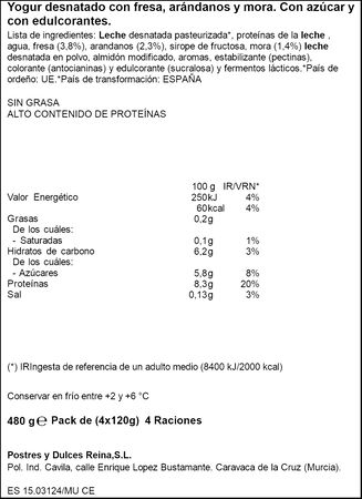 Yogur frutos del bosque 00 rico en prote&iacute;nas Reina (4x120g)