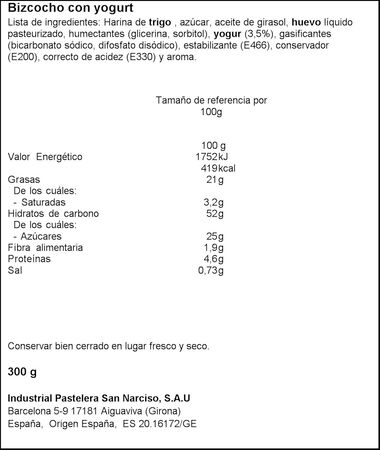 Bizcocho tart&eacute;n Montes Lara 300g yogur