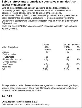 Bebida isotónica de melocotón rojo Aquarius 1,5l