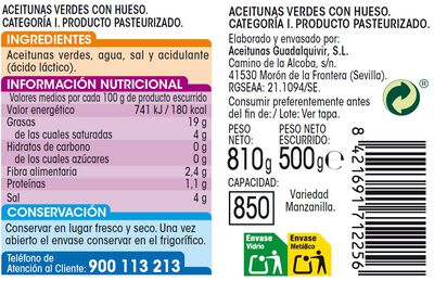Aceitunas verdes con hueso Alipende 500g