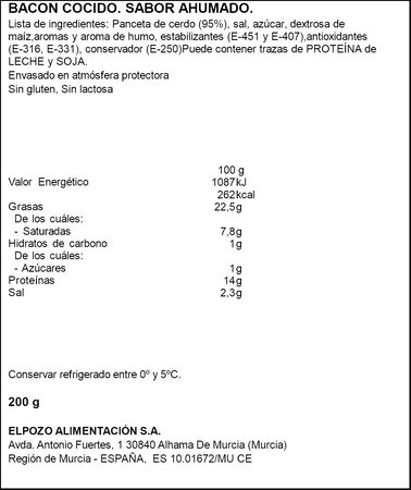 Bacon tiras sin lactosa 2x100g Elpozo Family