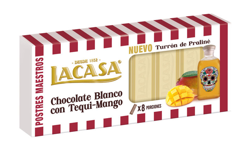Turrón de praliné sabor chocolate blanco con tequila y mango Lacasa 225g
