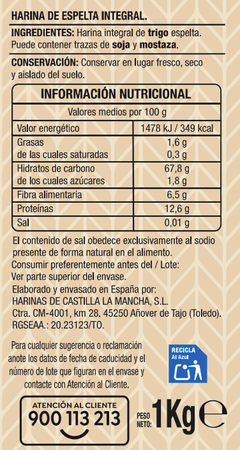 Harina espelta integral alto contenido de fibra Alipende 1kg