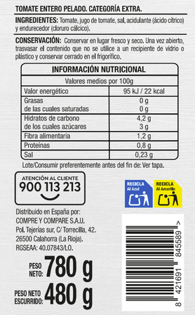 Tomate entero pelado categor&iacute;a extra Alipende 480g