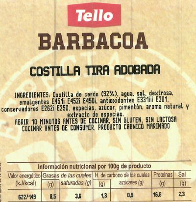 Tira de costilla adobada barbacoa Tello 800gr aproximadamente