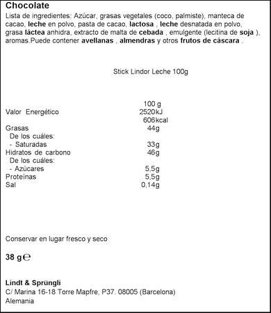 Chocolatina de chocolate con leche Lindor 38g