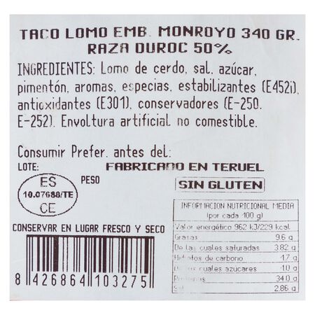 Taco de lomo embuchado raza duroc Monroyo pieza 340g