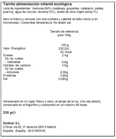 Alimento infantil ecol&oacute;gico de ternera con verduras Smileat 230 g