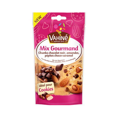 Mix de pepitas de chocolate negro, caramelo y almendras Vahiné 100g