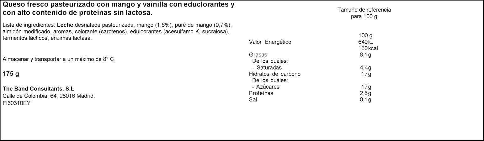 Queso sin lactosa quark protein mango y vanilla Valio 175g 
