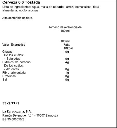 Cerveza sin alcohol sin az&uacute;car Tostada 000 Ambar 33cl