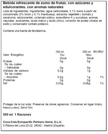 Refresco zero az&uacute;car fanta sabor frambuesa 500ml