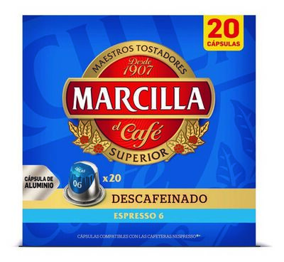 Caf&eacute; descafeinado espresso intensidad 6 Marcilla 20 c&aacute;psulas