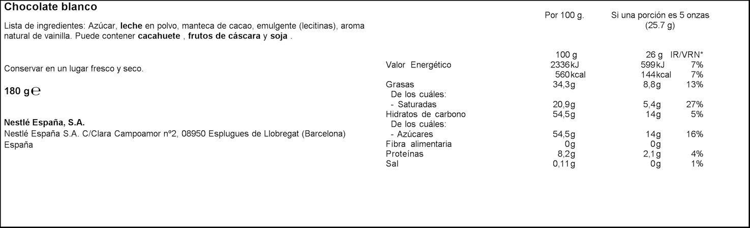 Chocolate blanco sin gluten Nestlé 180g postres