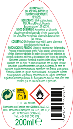 Quitaesmalte Bodyplus 200ml sin acetona
