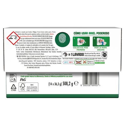 Detergente c&aacute;psulas pods Ariel 14l lavados poderoso
