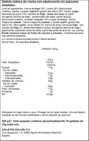 Galletas s&aacute;ndwich de yogurt con cereales integrales Sin Az&uacute;cares a&ntilde;adidos Gull&oacute;n Zero 220g
