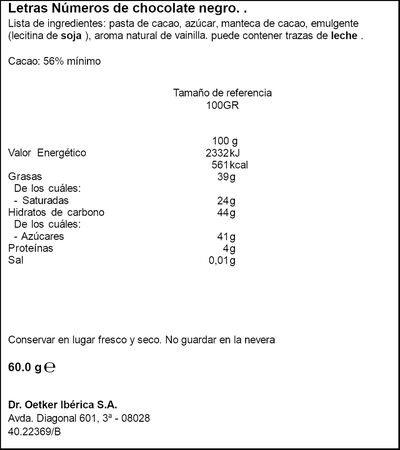 Letras y n&uacute;meros de chocolate para reposter&iacute;a Dr Oetker 60g