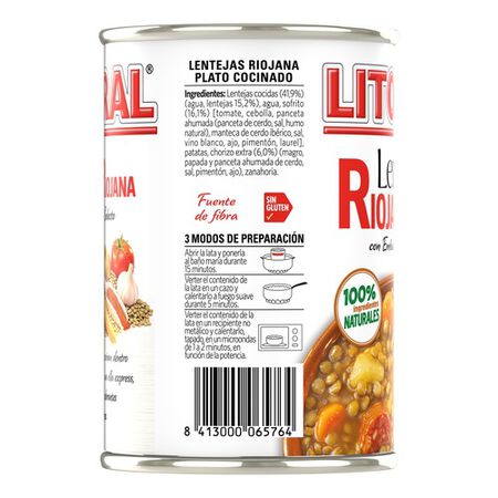 Lenteja riojana Litoral 425g con ingredientes naturales