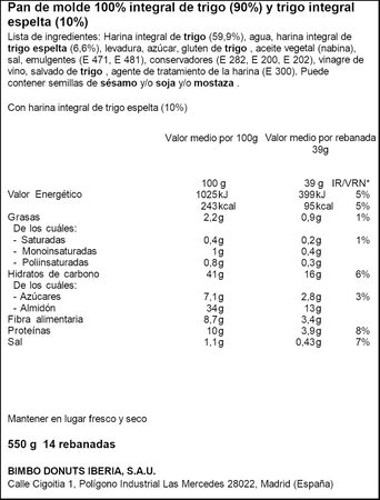 Pan molde Bimbo integral artesano 500g