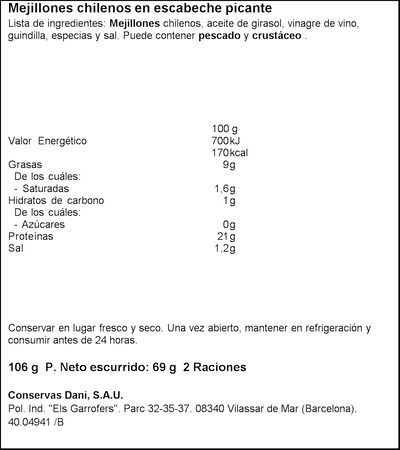 Mejillones Chilenos en escabeche picante 13/18 Dani 69g