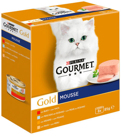 Comida húmeda para gato adulto Gourmet Gold Mousse con mix de pescados y carnes 8x85g