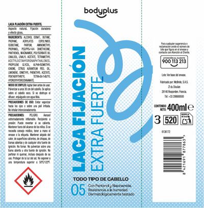 Laca fijadora Bodyplus 400ml extra fuerte