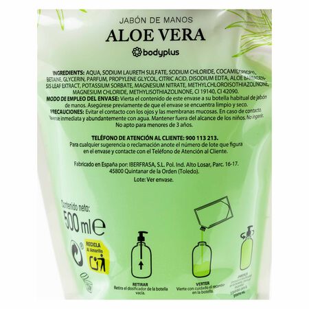Jabón de manos doypack Bodyplus 500ml aloe vera
