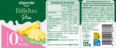 Yogur bifidus 00% sin az&uacute;car a&ntilde;adido con pi&ntilde;a Alipende pack 4