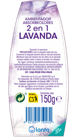 Ambientador absorbeolores 2 en 1 lavanda Lanta 150 g