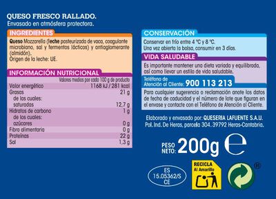 Queso mozzarella rallado Alipende 200g