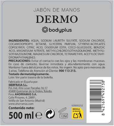 Jab&oacute;n de manos con dosificador Bodyplus 500ml dermo