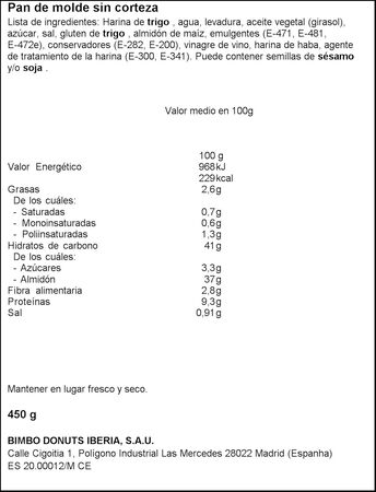 Pan de molde sin corteza Bimbo 450g