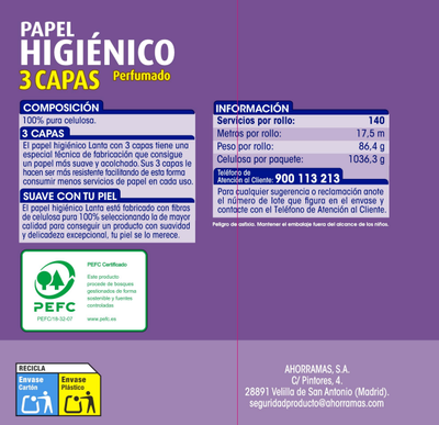 Papel higi&eacute;nico Lanta 12 rollos 3 capas perfumado