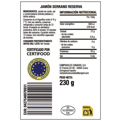 Jam&oacute;n serrano reserva Campodulce 230g
