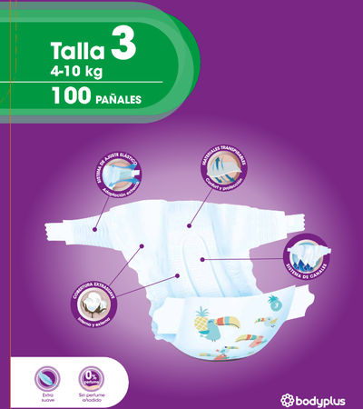 Pa&ntilde;al Bodyplus 100 uds talla 3 4-10kg