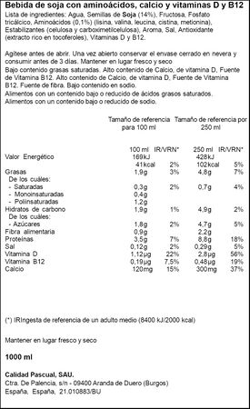 Bebida de soja con amino&aacute;cidos, calcio y vitaminas D y B12 1L