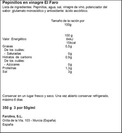 Pepinillos El Faro tarro de cristal 200g en vinagre