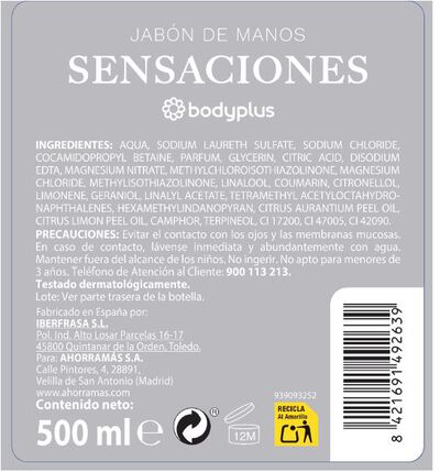 Jab&oacute;n de manos con dosificador Bodyplus 500ml sensaciones