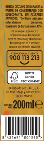 Bebida sin az&uacute;car a&ntilde;adido naranja Alipende 200 ml 6 unid