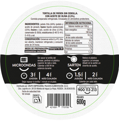 Tortilla de patata sin gluten Alipende 600g sin cebolla