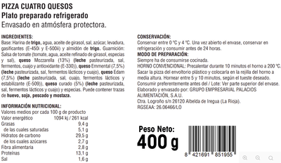Pizza Alipende 400g cuatro quesos
