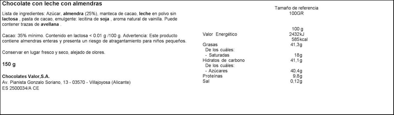 Chocolate con almendras s/gluten s/lactosa Valor 150g