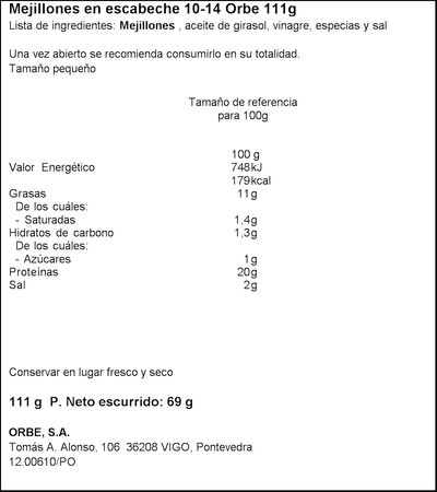 Mejillones en escabeche 8/14 Orbe 69g
