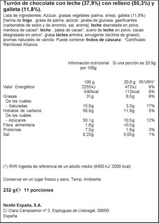 Turr&oacute;n con galleta chocolate Jungly 232g