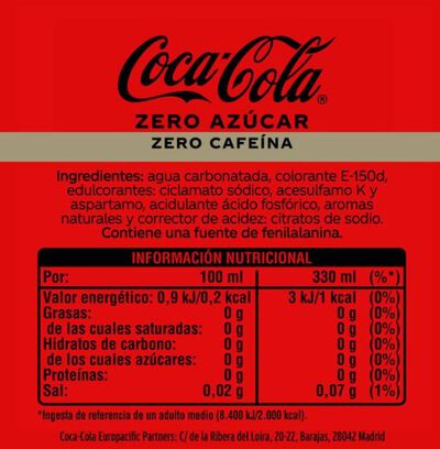 Refresco cola Coca-Cola 33cl pack lata 12 zero az&uacute;car zero cafe&iacute;na