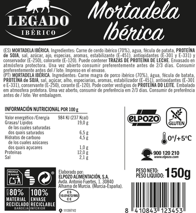 Mortadela ib&eacute;rica en lonchas finas Legado Ib&eacute;rico 150g
