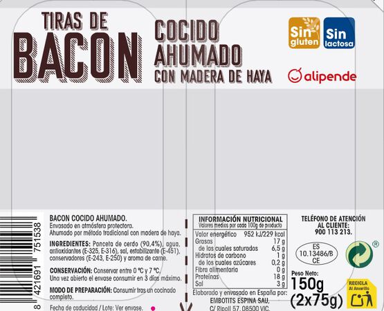 Tiras de bacon Alipende pack 2 de 75g
