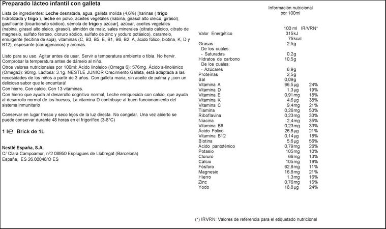 Leche crecimiento Nestlé junior galleta desde 36 meses 1l
