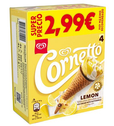 Helado cornetto frigo con sabor a lim&oacute;n pack de 4 unidades